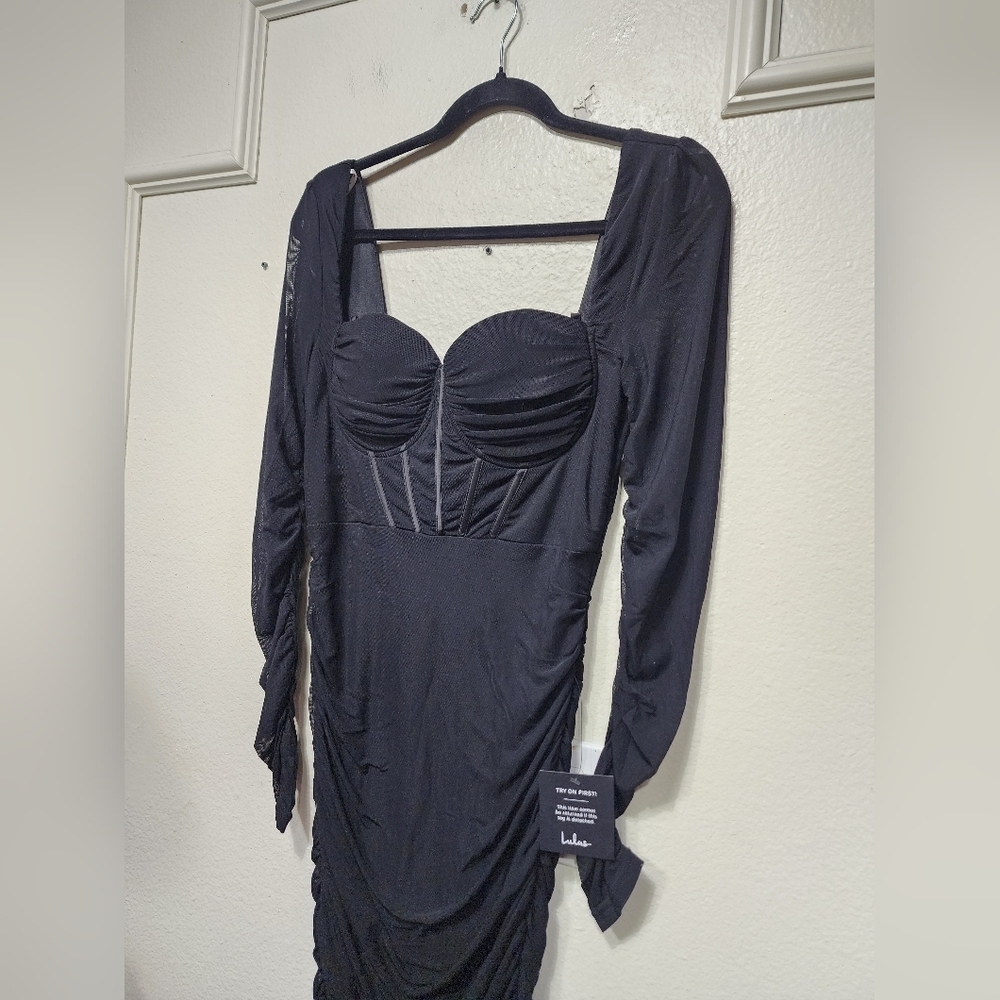 Lulus Dramatic Demure Black Mesh Halter Bustier Midi Dress M Wedding Party - Picture 7 of 10